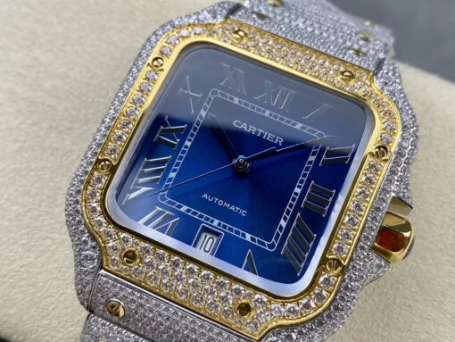 Santos De Cartier Diamond Watches Blue Dial and Gold 1:1 Best Edition AMG Factory Swarovski Stone - Image 8