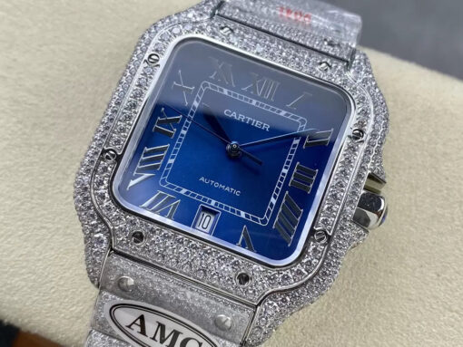 Santos De Cartier Diamond Watches Blue Dial and Silver 1:1 Best Edition AMG Factory Swarovski Stone - Image 8