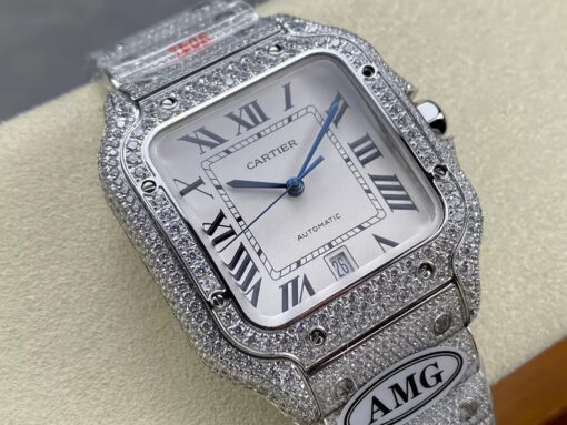 Santos De Cartier Diamond Watches White Dial and Silver 1:1 Best Edition AMG Factory Swarovski Stone - Image 8