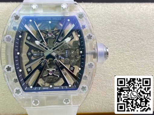 Richard Mille RM12-01 1:1 Best Edition RM Factory Tourbillon Transparent Version White Strap