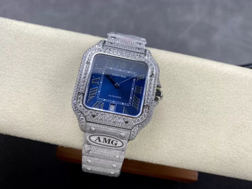 Santos De Cartier Diamond Watches Blue Dial and Silver 1:1 Best Edition AMG Factory Swarovski Stone - Image 7