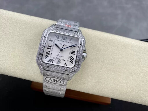 Santos De Cartier Diamond Watches White Dial and Silver 1:1 Best Edition AMG Factory Swarovski Stone - Image 6