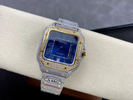 Santos De Cartier Diamond Watches Blue Dial and Gold 1:1 Best Edition AMG Factory Swarovski Stone - Image 7