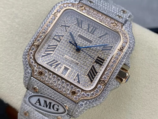 Santos De Cartier Diamond Watches Rose Gold Dial 1:1 Best Edition AMG Factory Swarovski Stone - Image 8