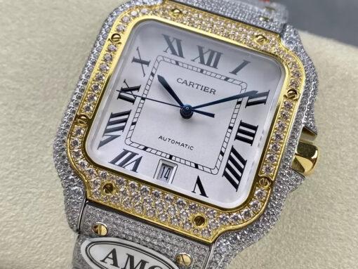 Santos De Cartier Diamond Watches White Dial and Gold 1:1 Best Edition AMG Factory Swarovski Stone - Image 8