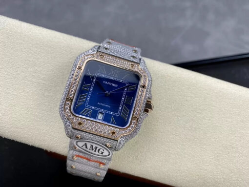 Santos De Cartier Diamond Watches Blue Dial 1:1 Best Edition AMG Factory Swarovski Stone - Image 7