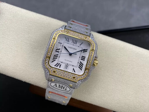 Santos De Cartier Diamond Watches White Dial and Gold 1:1 Best Edition AMG Factory Swarovski Stone - Image 7