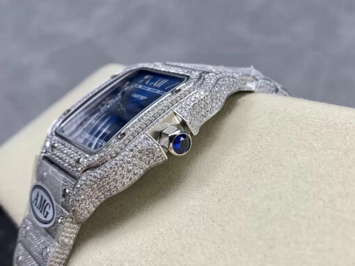 Santos De Cartier Diamond Watches Blue Dial and Silver 1:1 Best Edition AMG Factory Swarovski Stone - Image 5