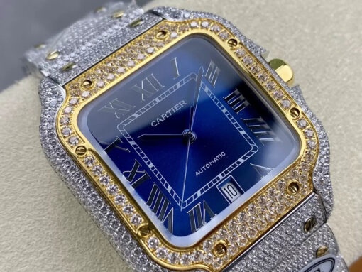 Santos De Cartier Diamond Watches Blue Dial and Gold 1:1 Best Edition AMG Factory Swarovski Stone - Image 9