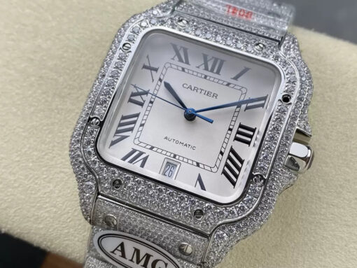 Santos De Cartier Diamond Watches White Dial and Silver 1:1 Best Edition AMG Factory Swarovski Stone - Image 7