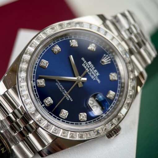 Rolex Datejust 41 Blue Moissanite Dial 126334-0016 and custom Moissanite baguette Bezel - Image 10