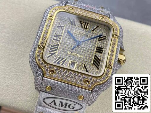 Santos De Cartier Diamond Roman Numeric Dial Yellow Gold 1:1 Best Edition AMG Factory Swarovski Stone - Image 8