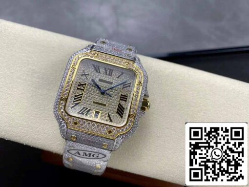 Santos De Cartier Diamond Roman Numeric Dial Yellow Gold 1:1 Best Edition AMG Factory Swarovski Stone - Image 6